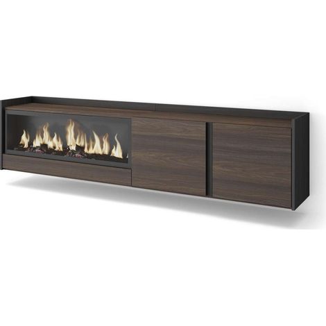 Mueble TV Salares-01 de 212x50x35 cm con chimenea eléctrica XXL, suspendido, color roble oscuro y negro (1/4)