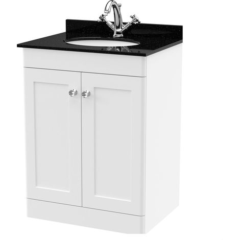 Swynnerton Traditional 2 Door Floor Standing Vanity Unit with Marble Basin, Satin White, 600mm