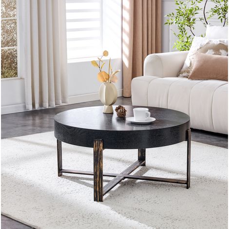 Table basse ronde 68 cm rétro industrielle, plateau MDF noir à motif bois, structure métal (1/5)