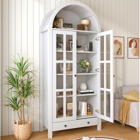 Vitrine haute 75x35x170,5 cm en MDF blanc, étagères réglables et tiroir, pour salon – MEUBLIV (1/5)