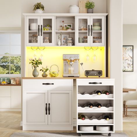 Meuble cuisine 140 cm chariot roulettes armoire haute LED garde-manger casier verres bouteilles vin buffet éclairé