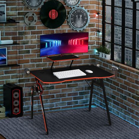 Mesa Gaming Escritorio para Computadora PC con Soporte para Monitor y Altavoz Portavasos Gancho para Auriculares Fibra de Carbono 120x60x94,5 cm Negro (1/4)