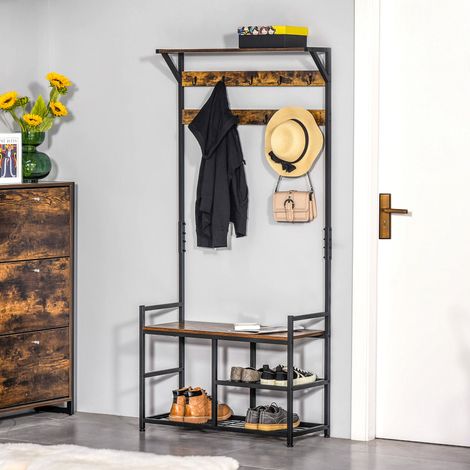 Perchero con Zapatero Perchero de Entrada Recibidor con 3 Estantes 9 Ganchos Patas Ajustables Estilo Industrial para Pasillo Dormitorio 84x34,5x180 cm Color Negro Marrón (1/5)