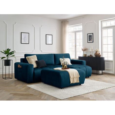 BOBOCHIC - Canapé d'angle réversible convertible coffre ARSENE tissu velours avec pouf   Bleu (1/5)