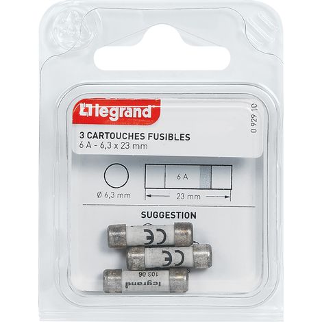 Legrand – Cartouches fusibles 6A pour porte-fusibles – Dimensions 6,3x23mm – Sans témoin – Protection circuits électriques