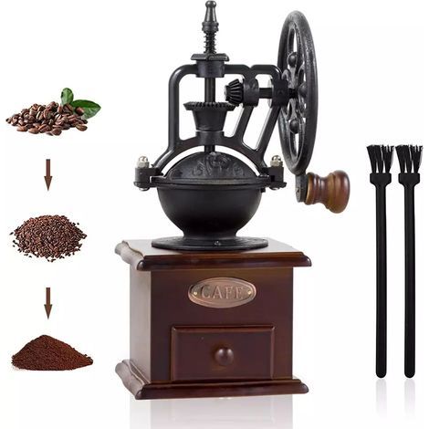 Moulin à café à manivelle - avec réglage de la mouture et tiroir de récupération - Bois vintage (1/3)