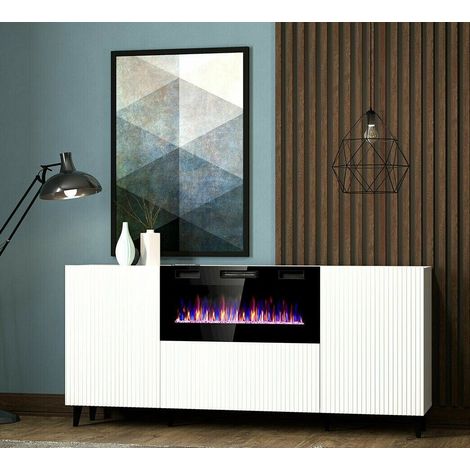 Bb-Loisir – Commode enfant blanche avec cheminée électrique – Dimensions 181x83x40cm – Panneau stratifié 16mm – Flamme LED avec télécommande (1/3)