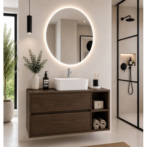 Mobile bagno con top in legno e lavabo da appoggio ORIGENBATH ZEUS senza specchio 80x45 cm Destra frassino tea