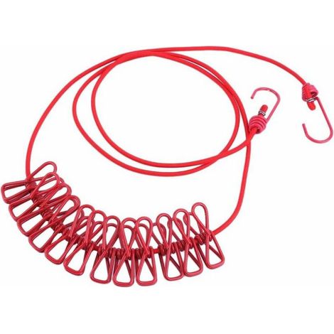 Corde à linge Portable élastique Ajustable Corde à linge avec 12 pièces Clips Voyage Corde à linge [Rouge] (1/5)