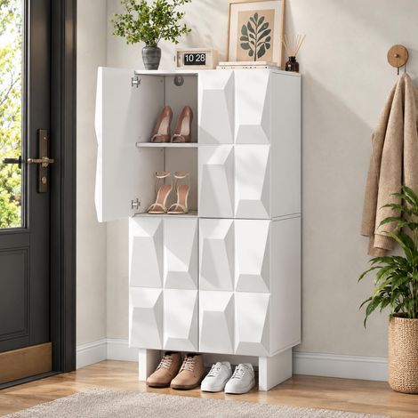 Meuble à chaussures, Armoire de rangement haute, Buffet pour entrée couloir salon, 4 portes relief 3D, 4 niveaux avec étagères réglables, Panneau de particules, 60.5x34x135.5cm, Blanc (1/5)