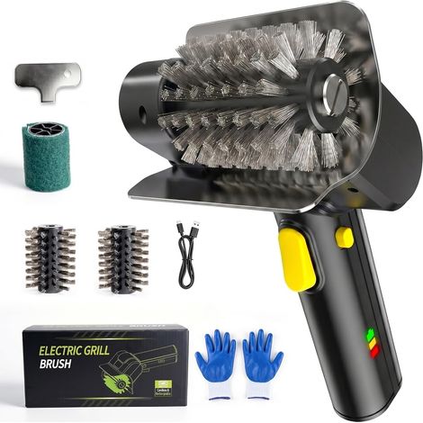 Cepillo eléctrico para barbacoa con motor de 550 rpm, cepillo de limpieza inalámbrico para barbacoa con 2 cabezales de acero inoxidable, carga tipo C para parrillas y planchas de barbacoa. (1/5)