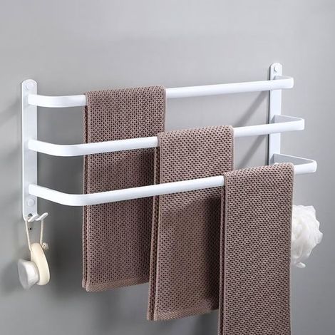 Porte-Serviettes Mural avec 2 Crochets Porte Serviettes Salle de Bain Etagères Serviette en Aluminium Blanc 3 Couche 30cm (1/5)