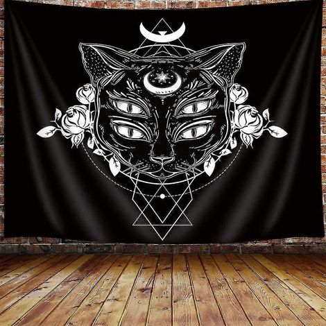 Gotischer Wandteppich mit schwarzer Katze für Herren, psychedelischer Gothic-Hexenmond-Anime-Wandteppich fürs Schlafzimmer (1/4)
