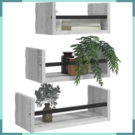 835447 Ensemble d'étagères murales avec barres 3 pcs sonoma gris (1/5)