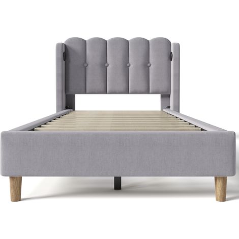 Cama tapizada individual 90 x 200 cm con puerto USB y Type C, somier de lamas, gris, MODENUIT (1/5)