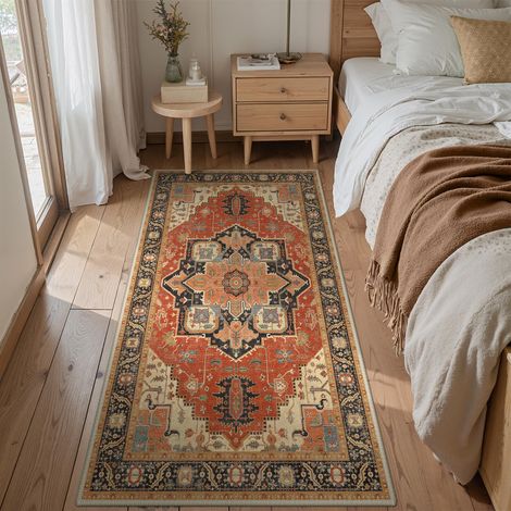 Tapis Salon Vintage Entree 80x150cm Lavable en Machine AntidéRapant Poil Ras, pour Chambre Salle a Manger Descente de Lit Bureau, Cuisine, Rouge Orangé Rétro (1/5)