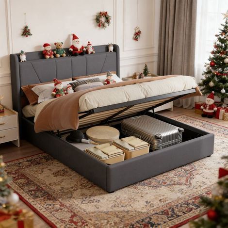 Letto con contenitore 140x190 con rete, letto 140x190 con spazio di stoccaggio, USB e tipo C, Linee semplici, Lino, grigio