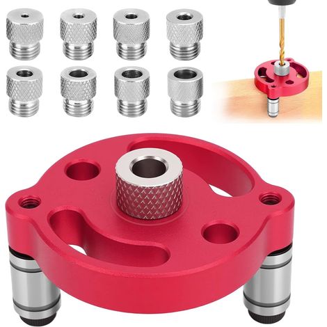 Kit de Recherche de centre de travail pour le bois, Gabarit de Percage Vertical avec douilles de perçage 3/4/5/6/7/8/9/10mm, Guide Percage pour bois dur massif (Rouge) (1/2)