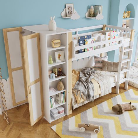 Lit superposé - lit 90x200 cm - avec barrière de sécurité, 6 étagères ouvertes, armoire latérale - en bois - blanc - sans matelas (1/5)