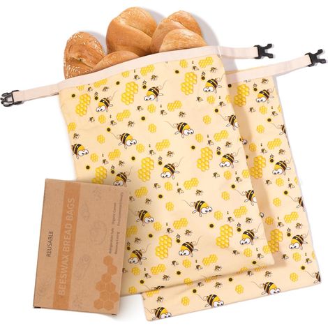 Sacs à pain extra larges en cire d'abeille (conçus pour le pain - lot de 2, motif miel) - Sacs de conservation du pain réutilisables en pur coton
