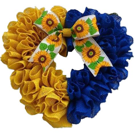 Ukrainischer Pfirsichherz-Kranz mit Sonnenblumen-Schleifen, Girlande und Anhänger für die Dekoration von Innen- und Außenbereichen, Garten und Bauernhaus