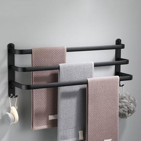 Porte Serviettes Salle de Bains, Barres Porte Serviettes Mural Noir Adhesif pour Douche et Cuisine 50cm