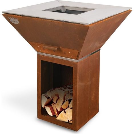 Barbecue brasero plancha acier corten 80x80cm – 4 plaques inox démontables – Tiroir à cendres – Cuisson au bois – Clementi (1/5)