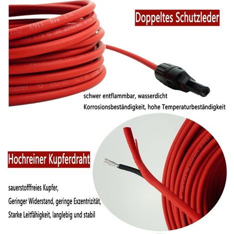 Solar Panel Extension Cable - 1m/2m/3m/5m/10m/20m/30m 10 AWG (6mm²/4mm²), Adapter Wiring Harness with Connector, Tinned Copper Electrical Cable - Red + Black (6mm²/4m (1/5)