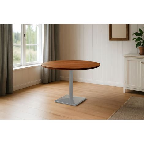 Bistrotisch Schweizer Kante massiv Akazie nussbaumfarben 120 cm Säulengestell-eckig silber BRASILIA
