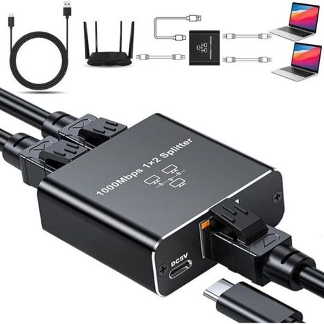 Conmutador Ethernet RJ45, divisor LAN de 1 a 2 puertos, 1000 Mbps, conmutador LAN de 2 puertos para ordenadores, routers, decodificadores y televisores (1/4)