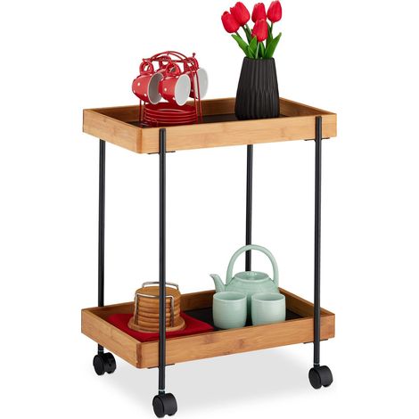 Chariot de Service, thé avec 2 étages, Bambou et Fer, Table d’appoint à Roues, 57 x 46 x 28 cm, Naturel/Noir (1/5)