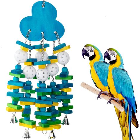 Juguetes para loros grandes, juguete masticable para loros con bloques de madera de colores y cascabeles para guacamayos, loros grises africanos y loros amazónicos (estilo arándano).