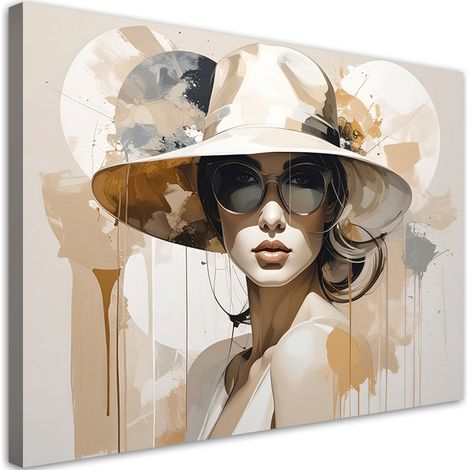 Toile Imprimée, Femme avec un chapeau de style boho beige,60x40 (1/4)