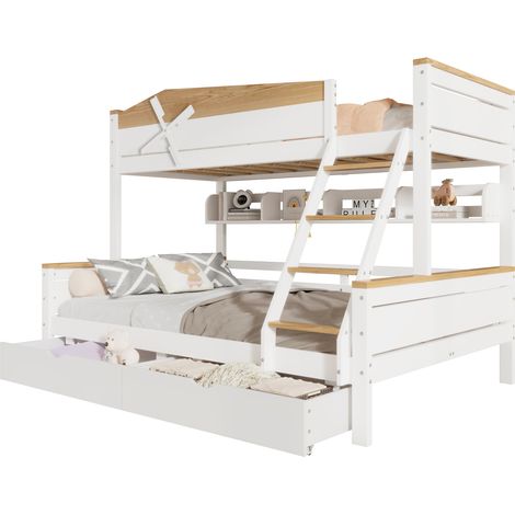 Lit superposé moulin à vent avec étagères, lit enfant avec barrière, échelle inclinée 4 marches et tiroirs, pin MDF, blanc naturel, 90x200 et 140x200, matelas non inclus (1/5)