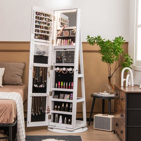 Armoire à Bijoux Pivotante 360°, LED 3 Couleurs, Miroir Pleine Longueur, Étagère 3 Niveaux, Blanc CW7359 Maison Chic (1/2)