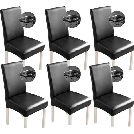 Housses de chaise noir extensibles en cuir synthétique pour salle à manger 6 pièces imperméables (1/5)