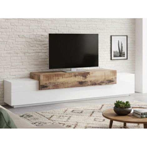 Dmora - Mobile porta TV Tiche, Credenza bassa da soggiorno, Base porta televisione, 100% Made in Italy, cm 240x45h52, Bianco lucido e Acero (1/5)