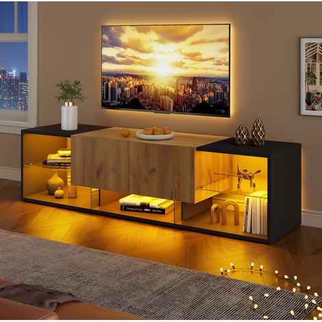 Mueble TV 160x40x42 cm en paneles de madera negro y natural, con almacenaje para salón FloraGrace (1/5)