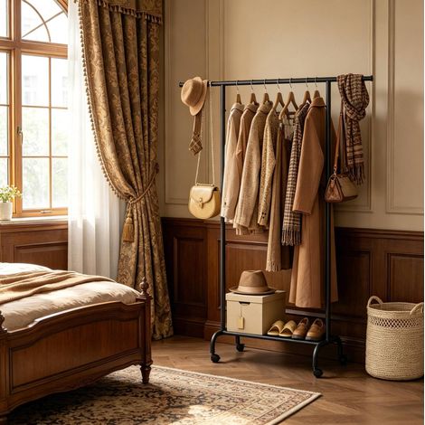 Kleiderständer 84-124x40x156 cm schwarz aus Metall mit Oxford-Stoff, ausziehbarer Stange, Regal und Rollen (1/5)