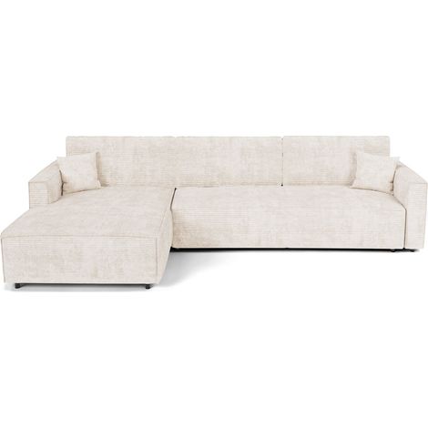Canapé d'angle gauche convertible avec coffre 3 places en velours côtelé crème (1/5)