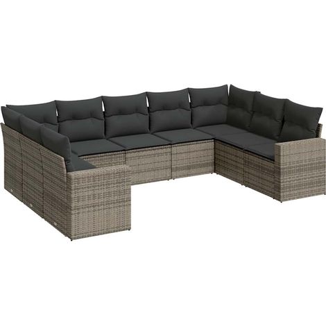 Salon de jardin 9 pcs Mobilier de jardin avec coussins gris résine tressée (1/5)