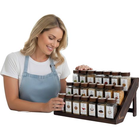 Estante para especias, madera de acacia, frascos de vidrio herméticos, 22 piezas (1/2)