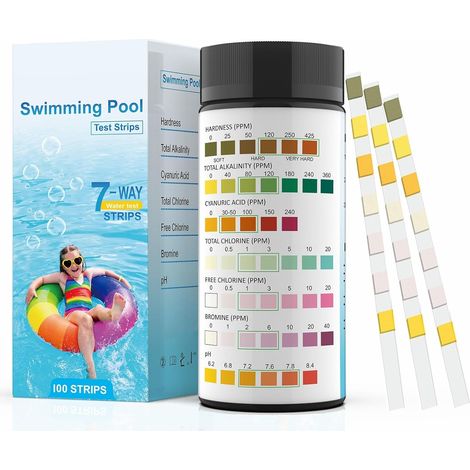 Bandes de Test 7-en-1 pour Piscine - 100 Bandelettes Test Rapide pH, Acide Cyanurique, Dureté Totale, Alcalinité Totale, Chlore, Brome Kit d'analyse d'eau pour Piscine, Spa, Jacuzzi (1/5)
