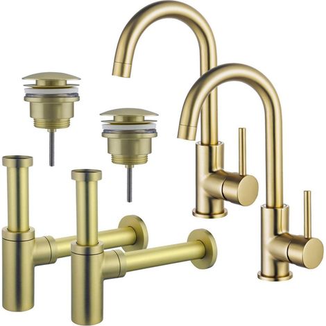 FugaFlow Eccelente Sobrado Kit robinet lavabo - pour double vasque - robinet haut - bec rotatif - bonde clic clac - siphon design - Laiton brossé PVD (1/4)
