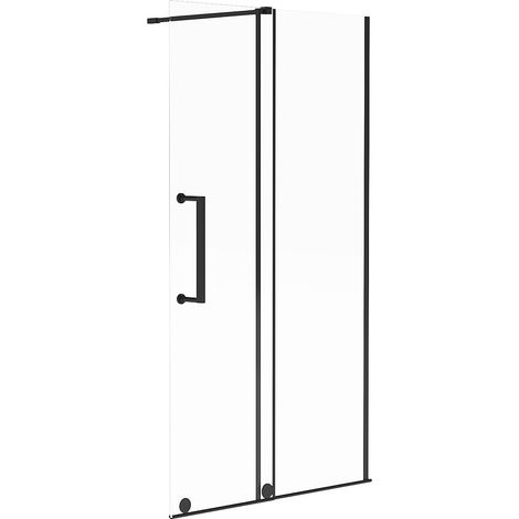 Vente-Unique – Paroi de douche italienne 140x200 cm – Verre trempé 6 mm – Aluminium noir mat – Porte coulissante avec barre de stabilisation ajustable