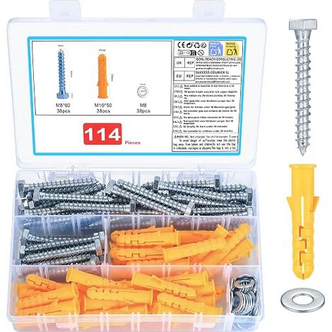 vis d'ancrage pour béton : chevilles M10 x 50 mm et vis à béton M8 x 60 mm et rondelles M8, vis hexagonales et chevilles, jeu de chevilles à axe long (1/5)