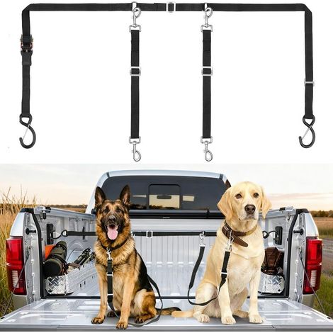 Laisse double pour chiens en camionnette - Système de serrage à cliquet réglable pour deux chiens en SUV, voiture et pick-up, en nylon résistant avec accessoires métalliques (1/5)