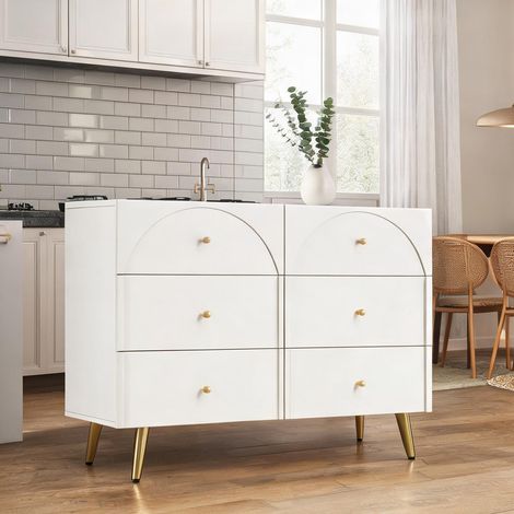 Commode 6 tiroirs 120 x 85 x 40 cm en bois et métal blanc cassé (1/5)