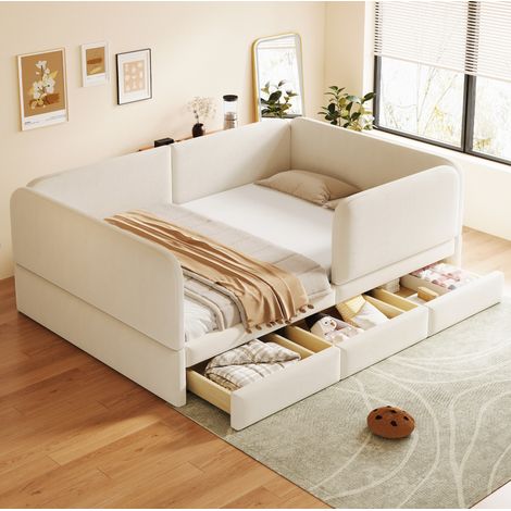 Letto per bambini imbottito 140 x 200 cm con cassetti e sponda, beige HAVRYA (1/5)