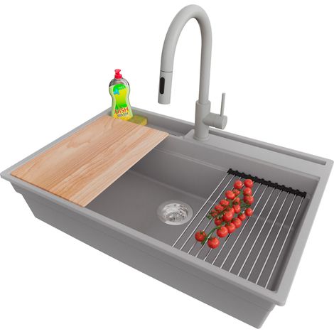 PRIMAGRAN Evier Cuisine en Granit 78x53cm,Lavabo 1 bac + Robinet 40x20cm + Kit de Vidage + Accessoires, Évier à Encastrer au meuble 80cm - Oslo Pocket, Gris (1/5)